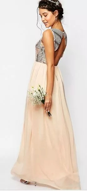 TFNC WEDDING Sequin Maxi Dress with Open Back (NUDE ) RRP £65.00 size 10 2