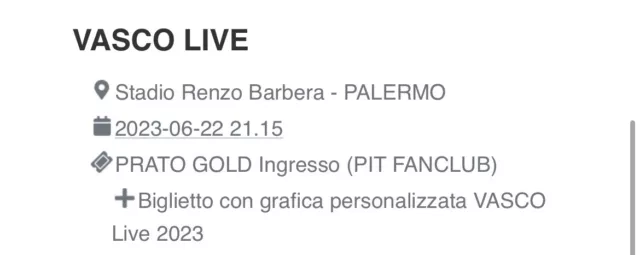 N 1 Biglietto Vasco Rossi 2023 PRATO GOLD Palermo 22 Giugno