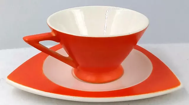 Salem Streamline Tricorne Saucer and Cup Orange White Art Deco Vintage MCM USA