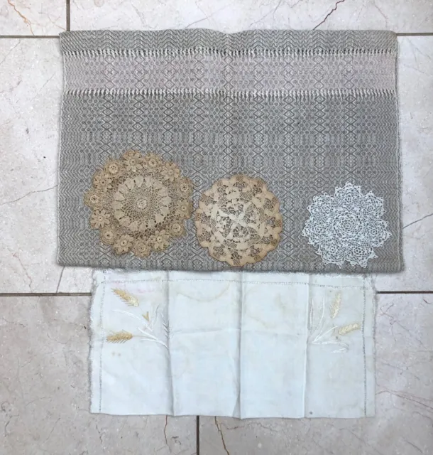 Job Lot 3 Antique Lace Doilies, Linen Embroidered Mat & Table Runner