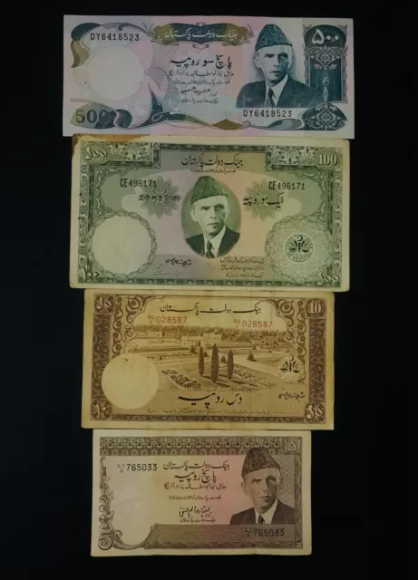 Old Currency Lot of 4 Pakistani Rare 500, 100, 10 & 5 Rupee Banknotes