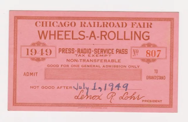 1949 Chicago Railroad Fair Press Pass