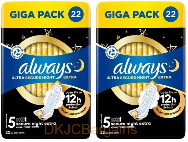Always Ultra Secure Night Extra Pads With Wings Size 5 44 Pads  (2 Packs of 22)