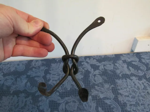 Vtg Hand Forged Blacksmith Wrought Iron Wall Coat Hook Double Arm Knotted