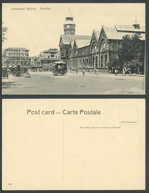 India Old Postcard Crawford Market Bombay, Street Scene Tram Tramcar Clock Tower