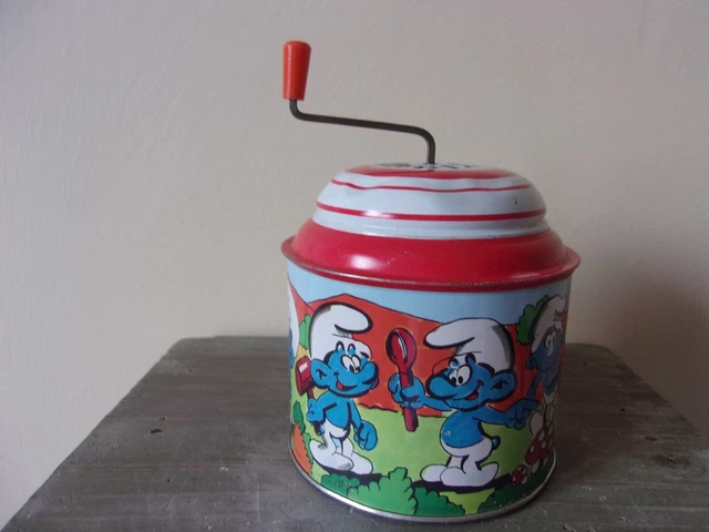 ❤️ Jouet ancien Boite à musique Moulin musical tôle  SCHTROUMPF ❤️ 1960's