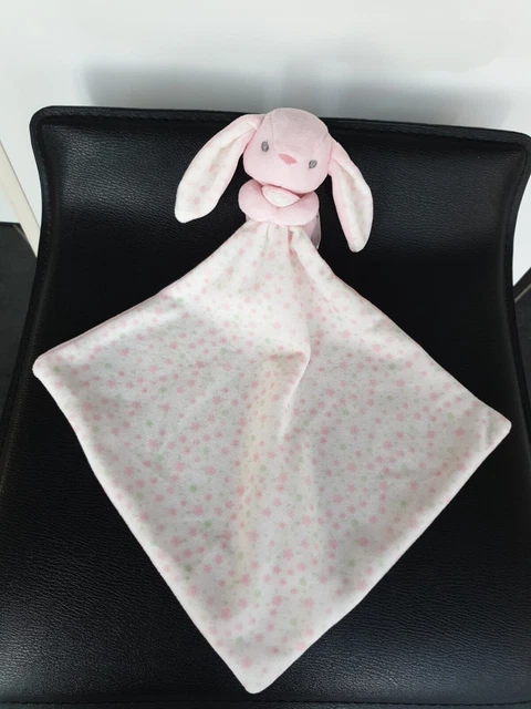 Neuf - Doudou peluche lapin mouchoir rose fleur étoile blanc vert yeux gris nez