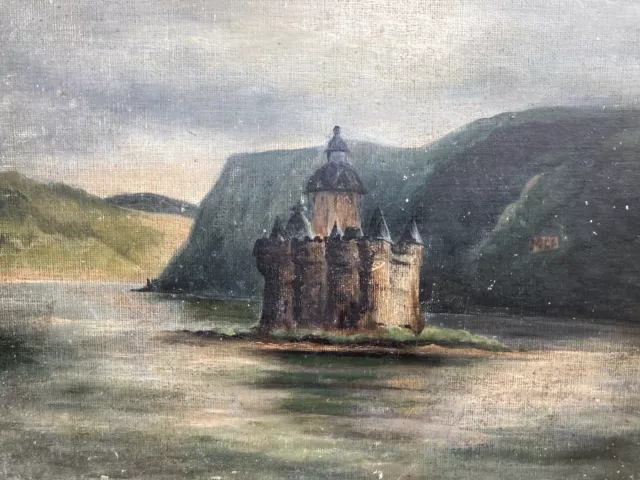 Pintura Castillo en un isla Aceite En La Tela S. XIX siglo XX Paisaje Mar