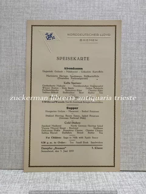 NORDDEUTSCHER LLOYD BREMEN Cena 1933 MENU nave ship