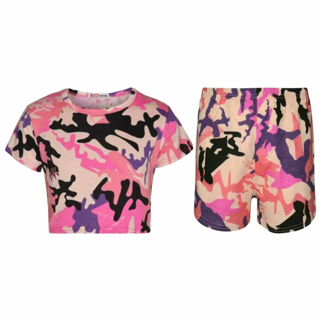 Kids Girls Crop Tops & Shorts Camouflage Baby Pink Fashion Summer Outfit Sets