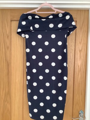 ASOS Navy with White Spot Off the Shoulder Midi Dress Size 12 NWT