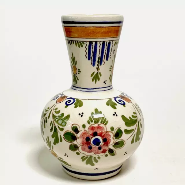 Dutch Delft Pottery Bud Vase DP  De Delftse Pauw Polychrome Floral 5" Vintage