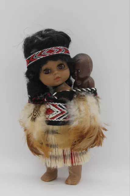 c1980s Parrs New Zealand Souvenir Maori Costumed Doll with Baby in Original Box