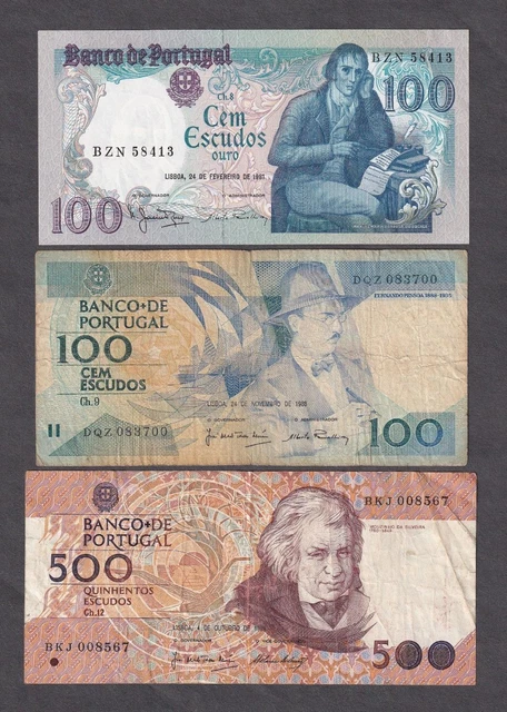 Banco De Portugal 500 100 Escudos Lisboa World Currency Banknote Lot (3) 🌈⭐🌈