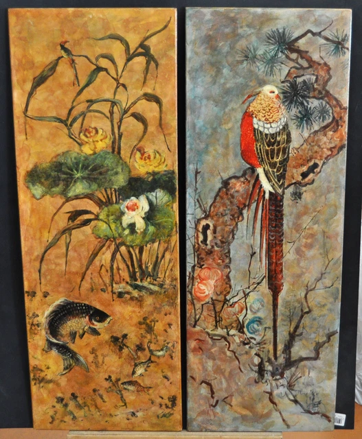 Decorativa Pareja De Plafónes Pintados Sobre Tabla Con Escenas Animales