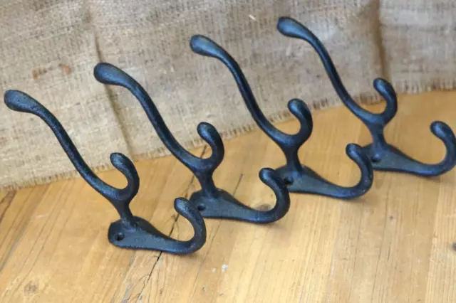 4 Cast Iron TRIPLE SCHOOL Style Coat Hooks Hat Hook Rack Hall Tree Tack Black