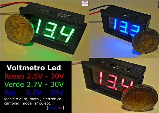 VOLTMETRO DIGITALE LED BLU ROSSO VERDE mini tensione tester pannello moto auto