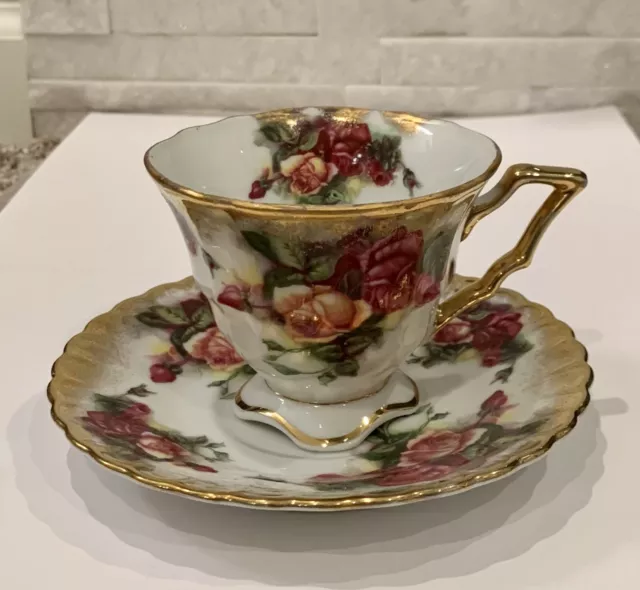 Vintage Royal Sealy China Tea Cup & Saucer Red Roses Gold Trim Footed Cup