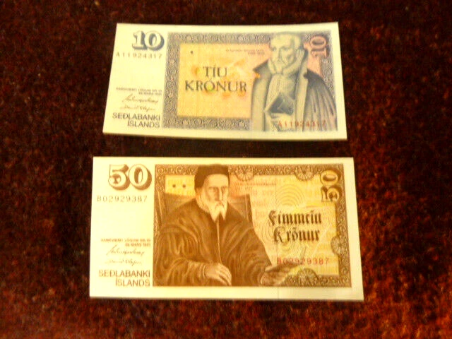 2 ICELAND BANKNOTES  10   & 50 Kronur 1961 (ND 1981), P-49, Older Type, UNC