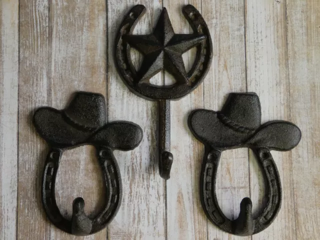 3pc Set Lucky Horseshoe Texas Star Cowboy Hat Cast Iron Wall Hook Western Rustic
