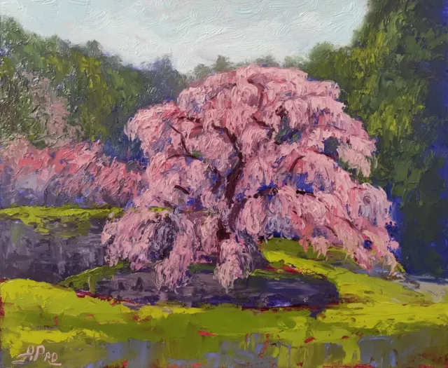 Cherry Blossom Painting Sakura Tree Impressionis Landscape Oil Painting 10x12 in