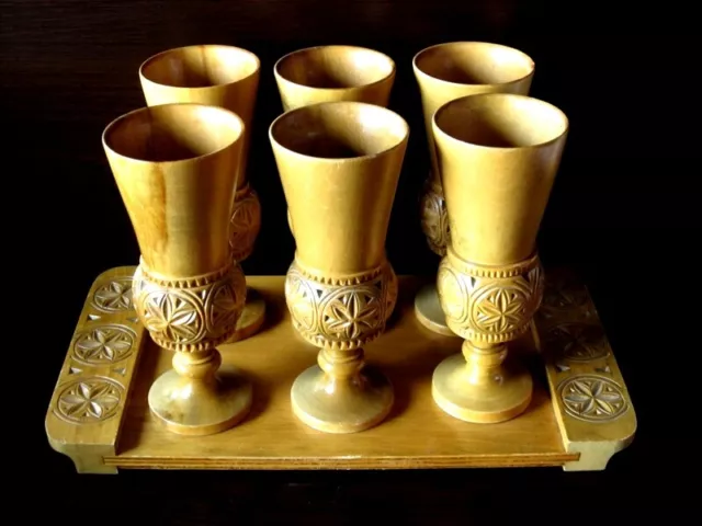 AMAZING USSR, SOVIET UNION 1982's HAND MADE WOODEN WINE CUPS W/ TRAY!!!