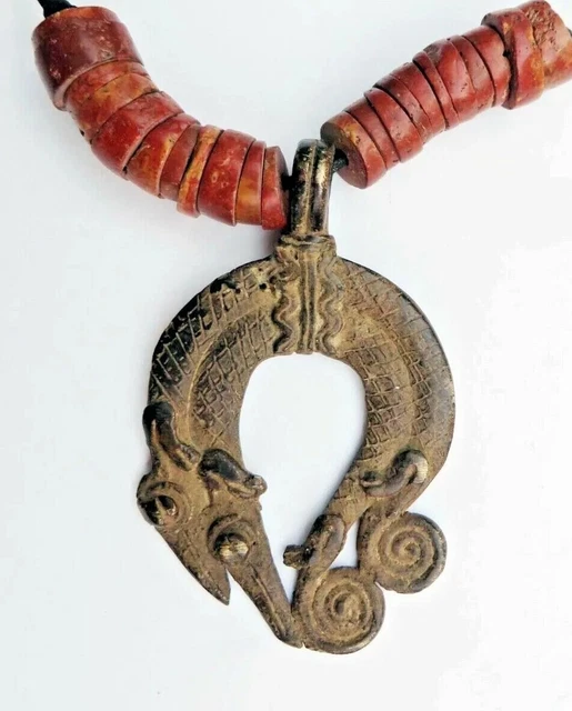AFRICAN NECKLACE JEWELRY BRONZE AMULET TWO-SNAKES MOTIF w BAUXITE BEADS PENDANT