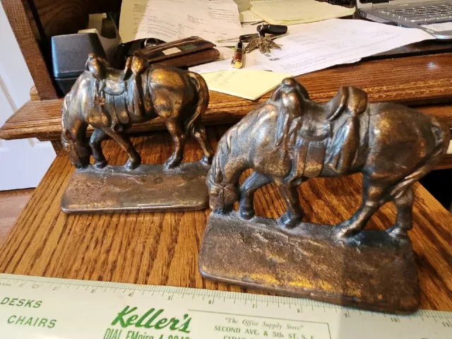 Vintage Cast Iron Horse Bookends Bronze Finish Heavy Equestrian Grazing Horses