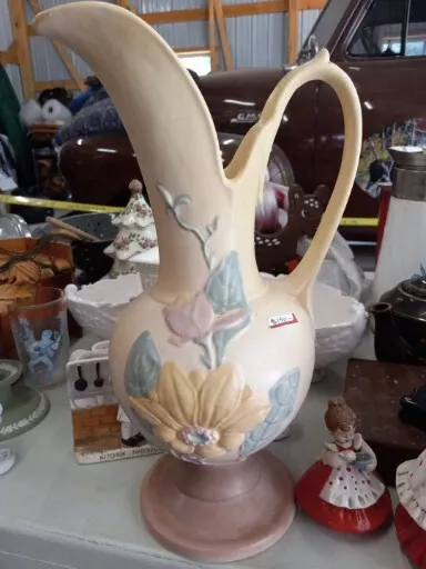 Vintage Large Pitcher Ern Hull Pottery 13 1/2” Yellow Pink Magnolia Vase #18
