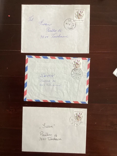 Färöer Plattenfehler echt gelaufen, 3 Briefe Michel 50 roter Punkt Feld 13 