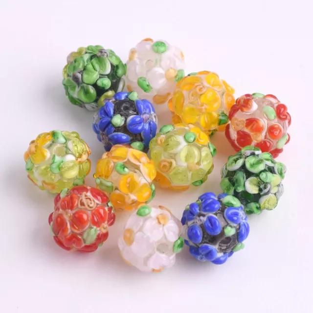 5pcs Handmade Flower 12mm Round Lampwork Glass Charm Loose Beads DIY Jewelry