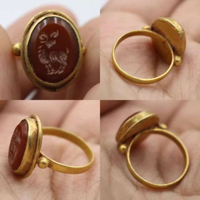 Rare Ancient Roman Solid Gold 20K Ring With Carnelian Agate Stone Depicting Goat