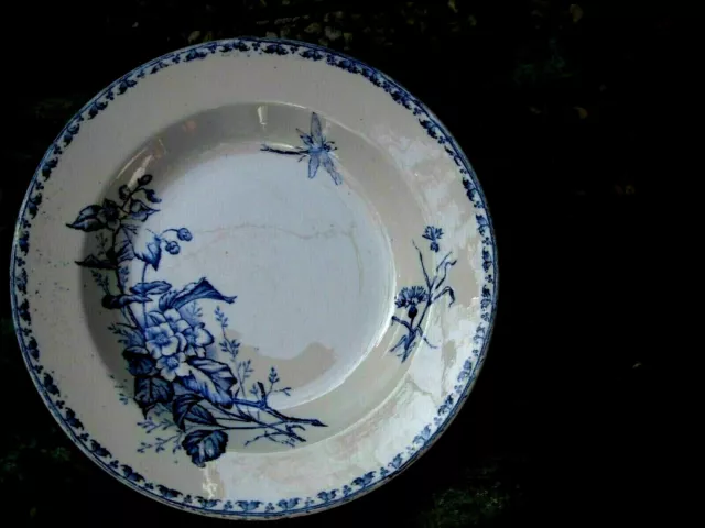 ASSIETTE CREUSE BLEU ANCIEN SARREGUEMINES LIBELLULE FLEUR 19 è signé CARMEN