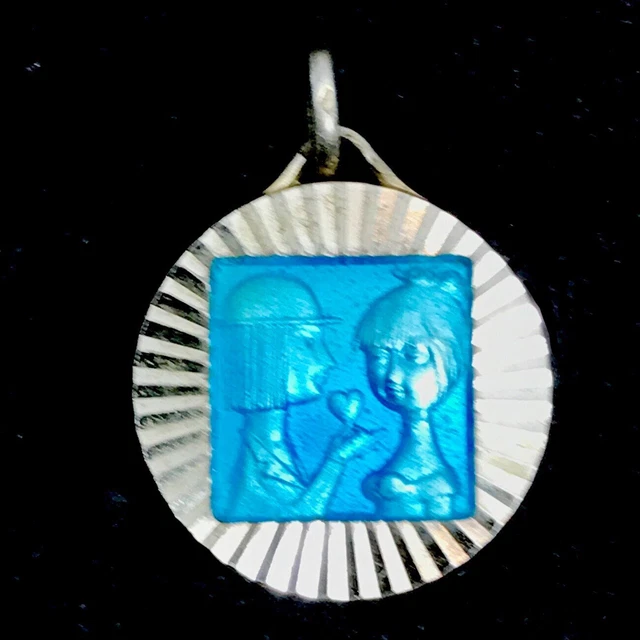 Pendentif Ancien En Argent émaillé - Les Amoureux De Peynet - Thème Romantique Bleu - Bijou Vintage