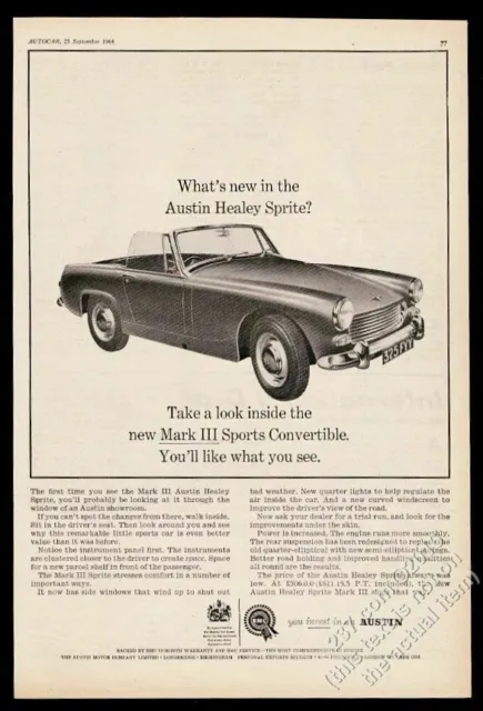 1965 Austin Healey Sprite Mark III Sports Convertible car UK vintage print ad