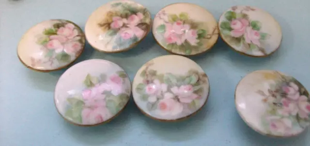 Antique Victorian Hand Painted Floral / Rose Stud Buttons - Set of 7