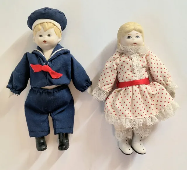 Russ Berrie Bisque Porcelain Doll Set 2 Dollhouse Dolls 4”-5” Tall Sailor Boy