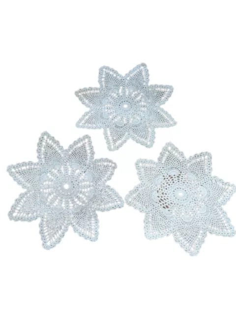 Lot Of 3 Vtg Doilies White Crochet Star Design Floral Lacy 7in Shabby Chic