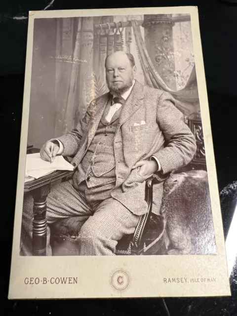 Balding Gentleman Writing Tweed Suit Geo.B.Cowen I.O.M. Studio Cabinet Card Phot