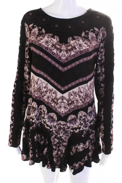 Free People Womens Paisley Open Back Long Sleeve Shift Dress Black Purple Size S