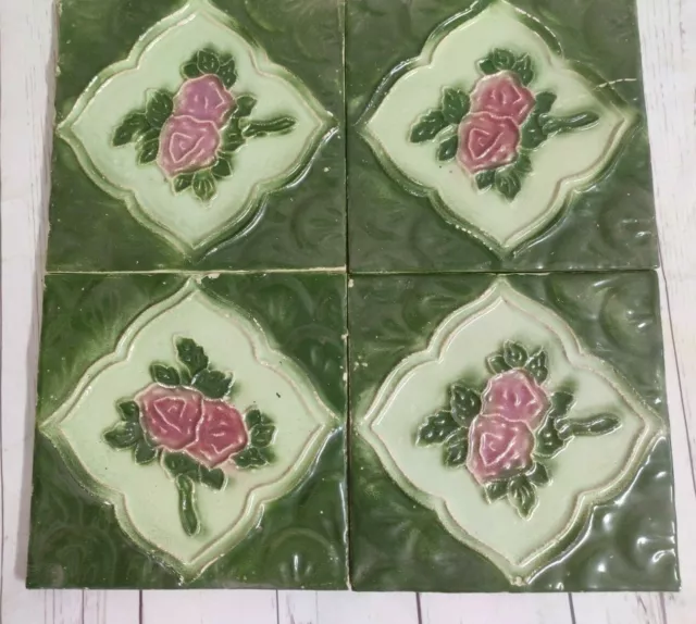 4 Pcs. Vintage Majolica Decorative Floral Art Nouveau Architecture Tiles, Japan