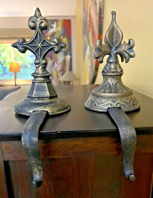 Pair of Fleur de lis Christmas Bronze Cast Iron Stocking Hanger Holders