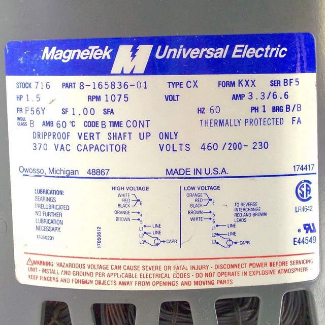Magnetek Rrc MOTEUR ÉLECTRIQUE UNIVERSEL Magnetek modèle 8-165836-01 EUR 86,14 ...