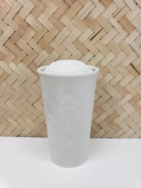 STARBUCKS 2012 Quilted White Siren Ceramic Tumbler Travel Mug 10oz