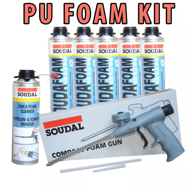 Soudal Pu Expanding Foam Kit-10 Cans 750Ml +Compact Gun +Gun Cleaner 500Ml