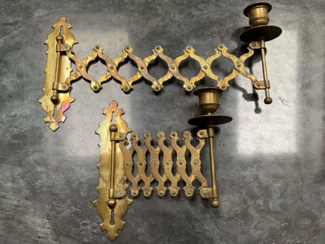 Antique Victorian Pair Brass Extending Candle Sconce Holder Light Lights c1860