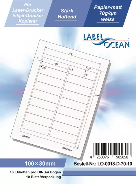 Klebeetiketten DIN A4 weiß 100x30mm (Laser Inkjet Kopierer) 10 Blatt