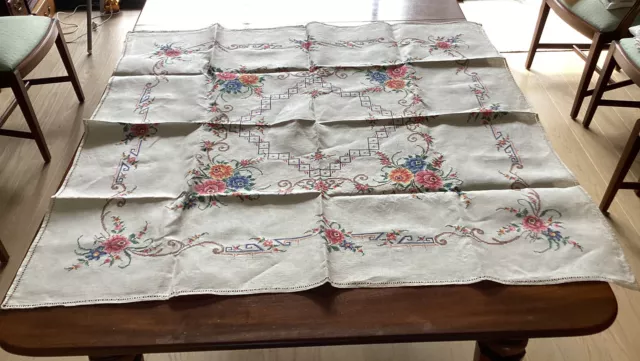 Vintage Square Cream Cotton Linen Tablecloth With Hand Embroidered Flowers.