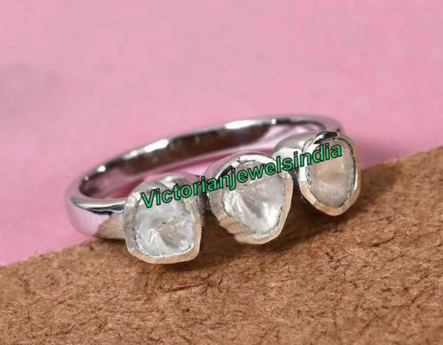 Naturel Polki Bague Diamant 925 Argent Sterling Cadeau Mariage Anneau