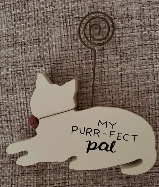 CAT PHOTO HOLDER, MY PURR-FECT PAL, HANDCRAFT, Wood, Painted, Creme  5.5"x5"